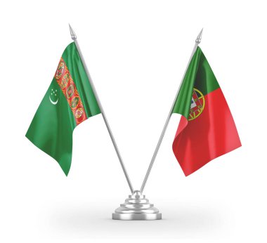 Portugal and Turkmenistan table flags isolated on white 3D rendering