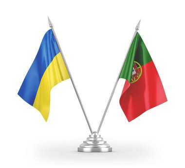 Portugal and Ukraine table flags isolated on white 3D rendering