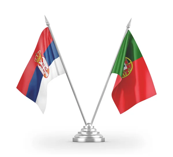 Banderas de mesa Portugal y Serbia aisladas en renderizado 3D blanco — Foto de Stock