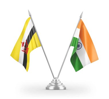 India and Brunei table flags isolated on white 3D rendering