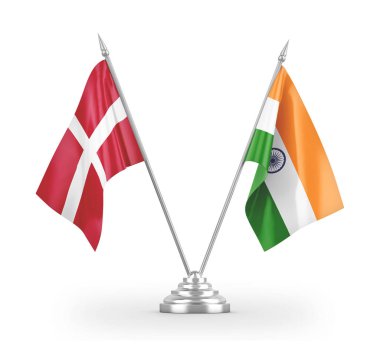 India and Denmark table flags isolated on white 3D rendering