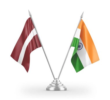 India and Latvia table flags isolated on white 3D rendering