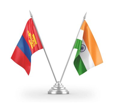 India and Mongolia table flags isolated on white 3D rendering