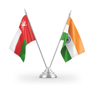 India and Oman table flags isolated on white 3D rendering
