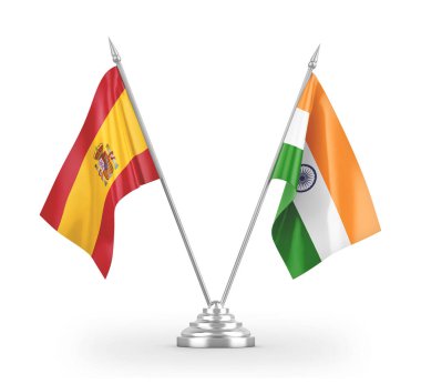 India and Spain table flags isolated on white 3D rendering