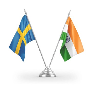 India and Sweden table flags isolated on white 3D rendering