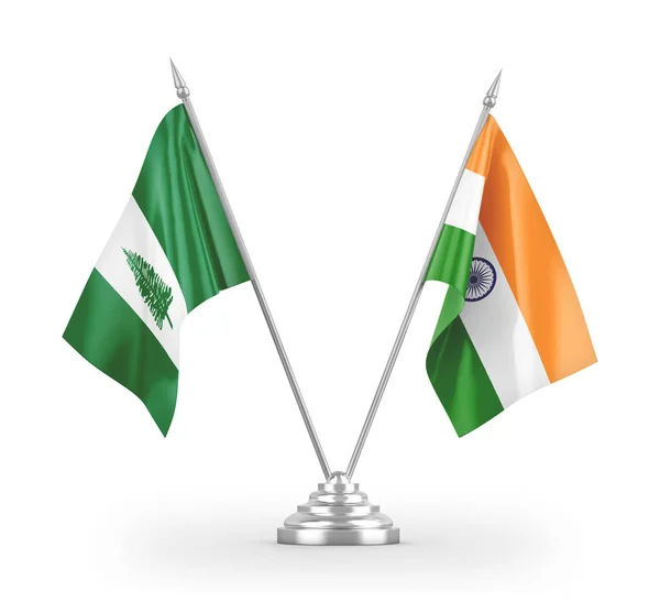 India and Norfolk Island table flags isolated on white 3D rendering — Stok fotoğraf