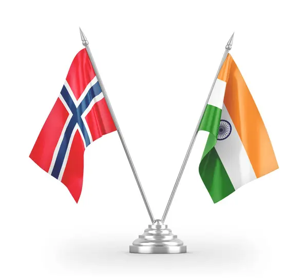 India and Norway table flags isolated on white 3D rendering — ストック写真