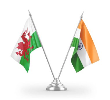 India and Wales table flags isolated on white 3D rendering