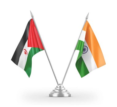 India and Western Sahara table flags isolated on white 3D rendering