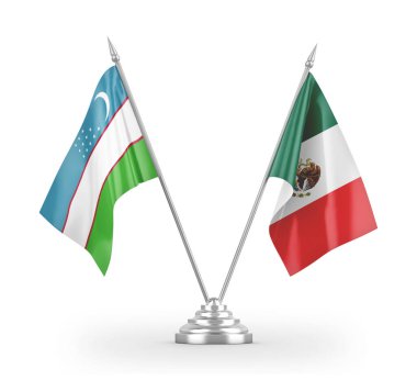 Mexico and Uzbekistan table flags isolated on white 3D rendering