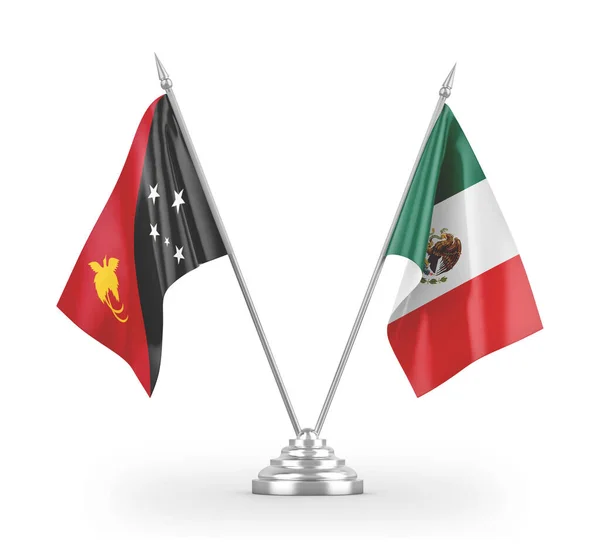 Mexico and Papua New Guinea table flags isolated on white 3D rendering — Stok fotoğraf