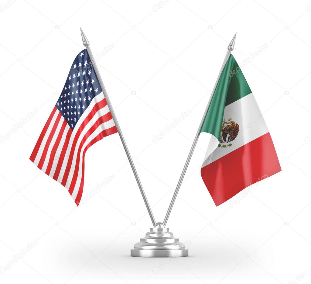 Mexico and United States table flags isolated on white 3D rendering