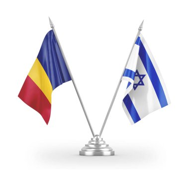 Israel and Romania table flags isolated on white 3D rendering