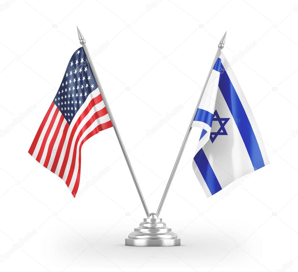 Israel and United States table flags isolated on white 3D rendering