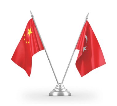 Turkey and China table flags isolated on white 3D rendering