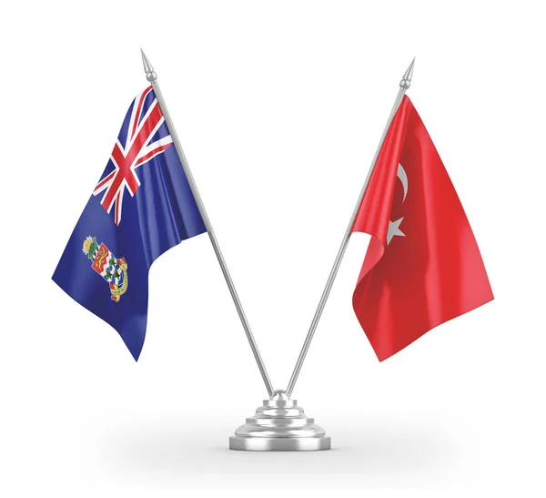 Banderas de mesa Turquía e Islas Caimán aisladas en renderizado 3D blanco — Foto de Stock
