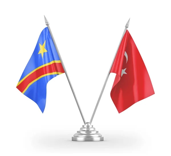 Bendera meja Republik Demokratik Kongo dan Turki terisolasi pada gambar 3D berwarna putih — Stok Foto