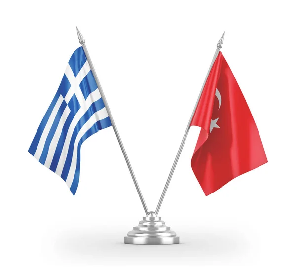 Επιτραπέζιες σημαίες Τουρκίας και Ελλάδας σε λευκό 3d rendering — Φωτογραφία Αρχείου