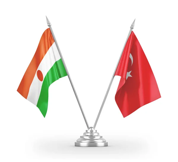 Turkey and Niger table flags isolated on white 3D rendering — Stok fotoğraf