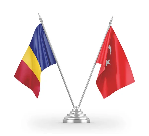 Turkey and Romania table flags isolated on white 3D rendering — 스톡 사진