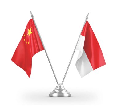 Indonesia and China table flags isolated on white 3D rendering
