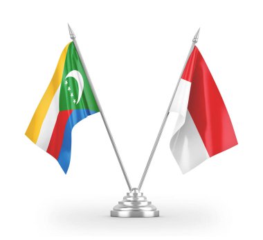 Indonesia and Comoros table flags isolated on white 3D rendering