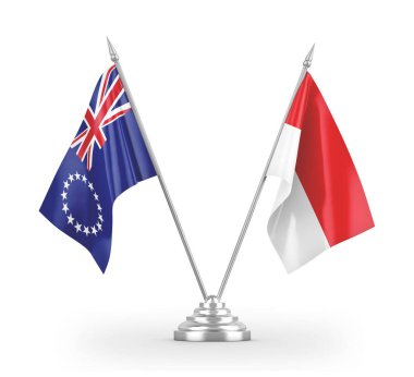 Indonesia and Cook Islands table flags isolated on white 3D rendering