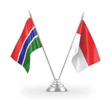 Indonesia and Gambia table flags isolated on white 3D rendering