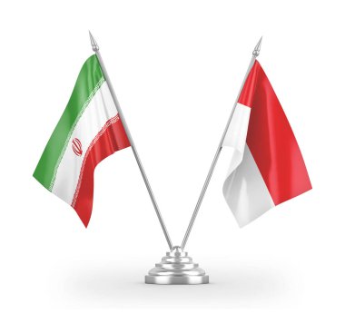 Indonesia and Iran table flags isolated on white 3D rendering