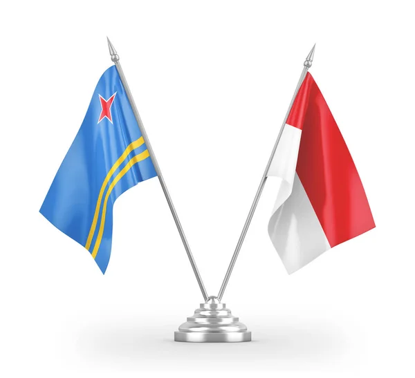 Indonesia og Aruba-bordflagg isolert på hvit 3D-gjengivelse – stockfoto