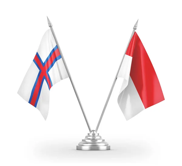 Banderas de mesa Indonesia e Islas Feroe aisladas en renderizado 3D blanco —  Fotos de Stock