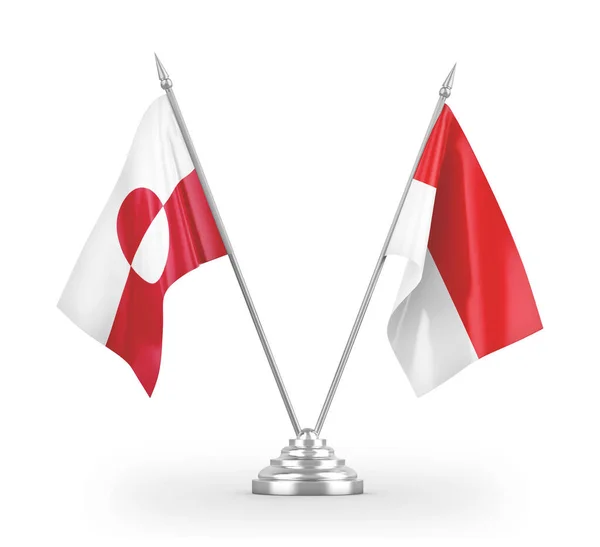 Banderas de mesa Indonesia y Groenlandia aisladas en renderizado 3D blanco —  Fotos de Stock