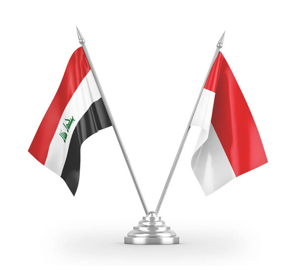 Indonesia and Iraq table flags isolated on white 3D rendering