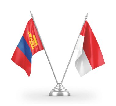 Indonesia and Mongolia table flags isolated on white 3D rendering