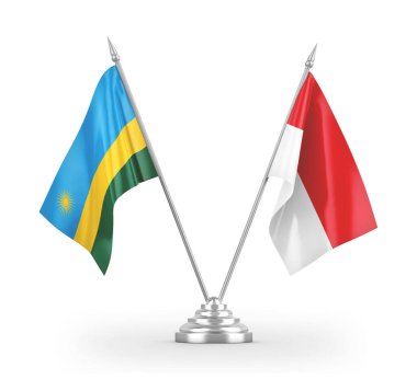 Indonesia and Rwanda table flags isolated on white 3D rendering