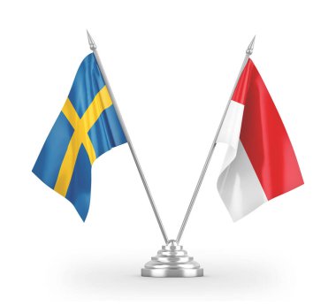 Indonesia and Sweden table flags isolated on white 3D rendering