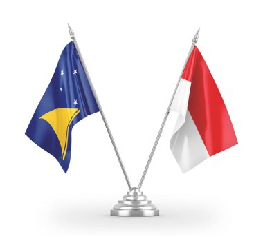 Indonesia and Tokelau table flags isolated on white 3D rendering