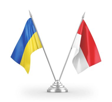 Indonesia and Ukraine table flags isolated on white 3D rendering