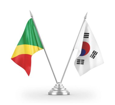 Güney Kore ve Kongo masa bayrakları beyaz 3D görüntüleme üzerinde izole