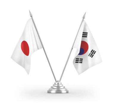 Güney Kore ve Japonya masa bayrakları beyaz 3D görüntüleme üzerinde izole edildi