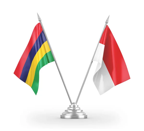 Bendera meja Indonesia dan Mauritius diisolasi pada render 3D putih — Stok Foto