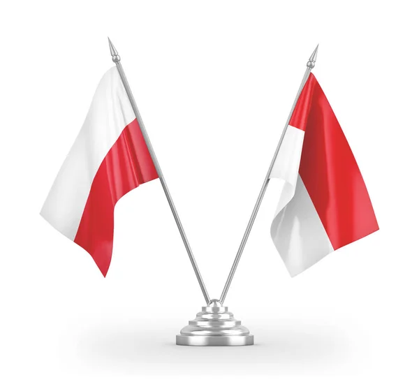 Banderas de mesa Indonesia y Polonia aisladas en renderizado 3D blanco —  Fotos de Stock