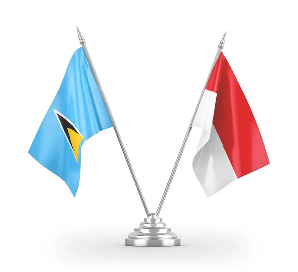 Ινδονησία και Αγία Λουκία επιτραπέζια σημαίες απομονώνονται σε λευκό 3d απόδοση — Φωτογραφία Αρχείου
