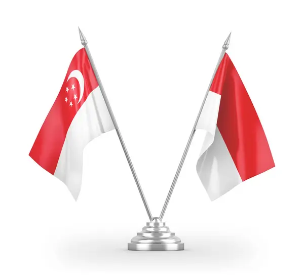 Indonesia and Singapore table flags isolated on white 3D rendering — Stockfoto