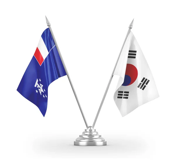 Bandeiras de mesa de terras sul e antárticas da Coreia do Sul e francesas isoladas em renderização 3D branca — Fotografia de Stock
