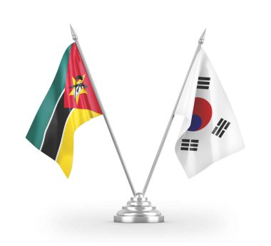 Güney Kore ve Mozambik masa bayrakları beyaz 3D görüntüleme üzerinde izole