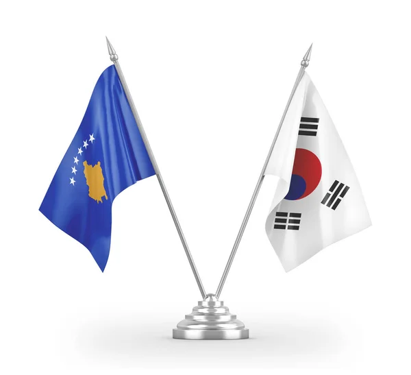 Bandiere da tavolo Corea del Sud e Kosovo isolate su rendering 3D bianco — Foto Stock