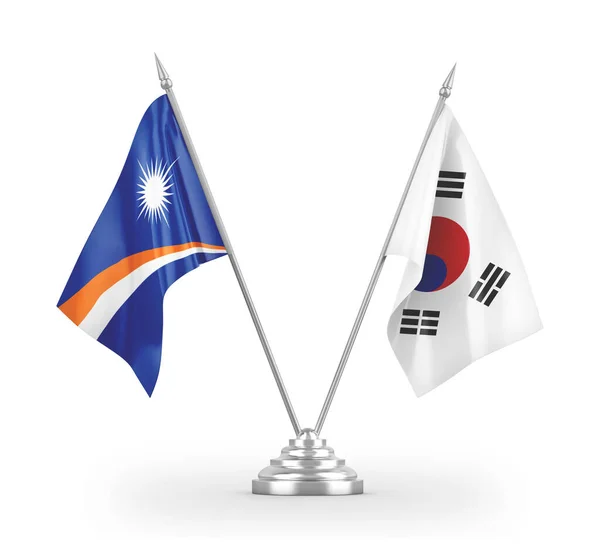 Bandiere da tavolo Corea del Sud e Isole Marshall isolate su rendering 3D bianco — Foto Stock
