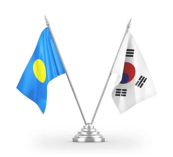 Bandiere da tavolo Corea del Sud e Palau isolate su rendering 3D bianco — Foto Stock
